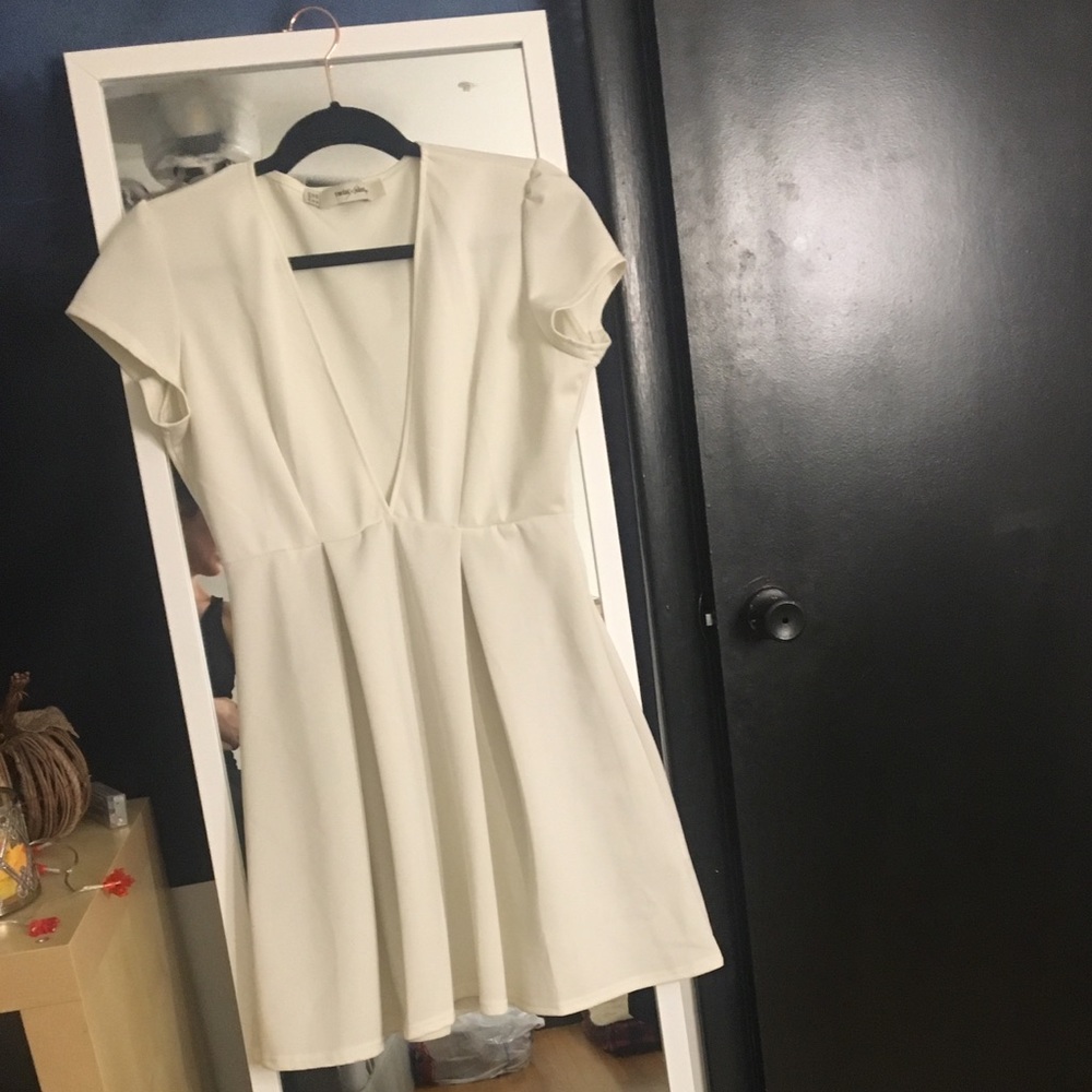 White Deep V Skater Dress